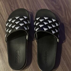 Adidas Black Slides with White Logo Pattern